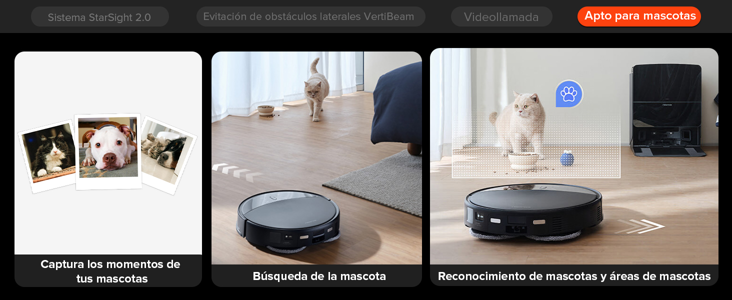 muestra tres funciones: captura de fotos de mascotas, detección de mascotas y capacidades de reconocimiento de áreas para mascotas.