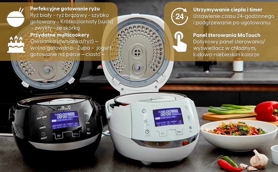 Cztery ikony z tekstem opisującym cechy produktu. Pokazuje czarną okrągłą pokrywę pompy spustowej ze szczegółowymi widokami procesu instalacji i czyszczenia.