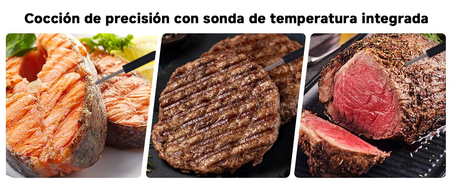 El texto dice: «Cocción de precisión con sonda de temperatura integrada». Tres imágenes que muestran carnes cocidas: salmón a la parrilla, bistec y carne cruda.