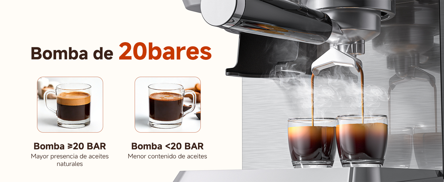 El texto dice «Bomba de 20 bares». Varias imágenes del producto muestran el proceso de extracción de una máquina de café espresso y tragos de café en vasos transparentes, que muestran el sistema de preparación a presión.