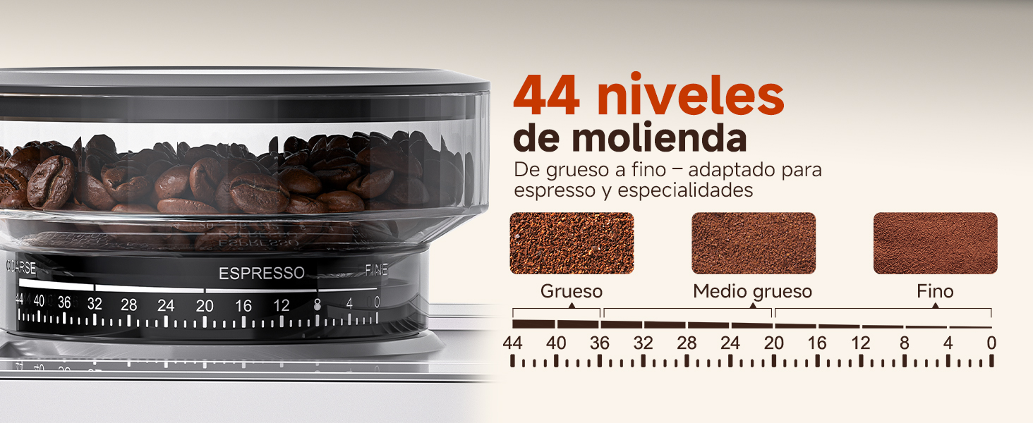 El texto dice «44 niveles de molienda». Serie de ajustes de molinillo de café que muestran diferentes niveles de molido, desde fino a grueso, con marcas de medición.