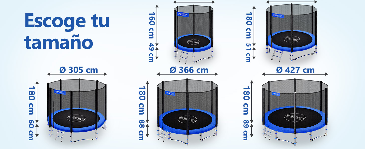 Texto: 'Escoge tu tamaño'. Diagrama técnico que muestra las diferentes opciones de tamaño de trampolín con medidas, mostrando varios trampolines circulares con diferentes diámetros y alturas.
