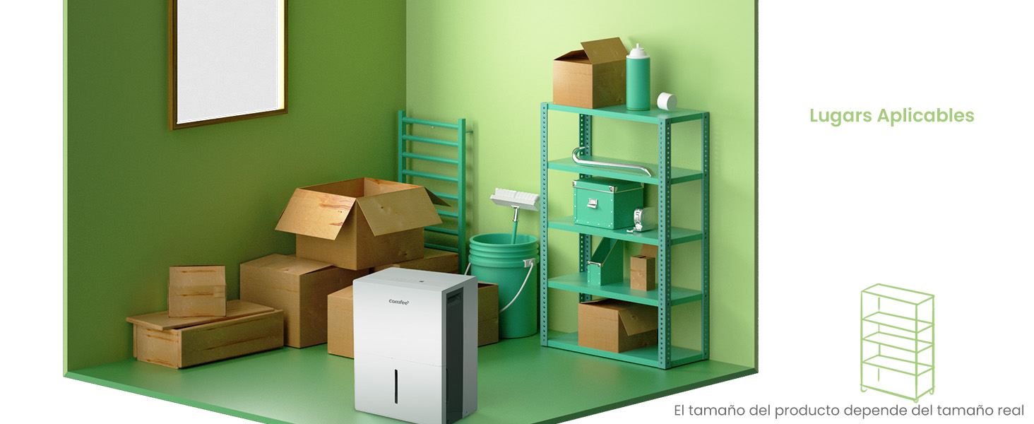 Concepto de sala de almacenamiento renderizado en 3D con paredes verdes, estanterías de metal turquesa y cajas de cartón dispersas en el suelo
