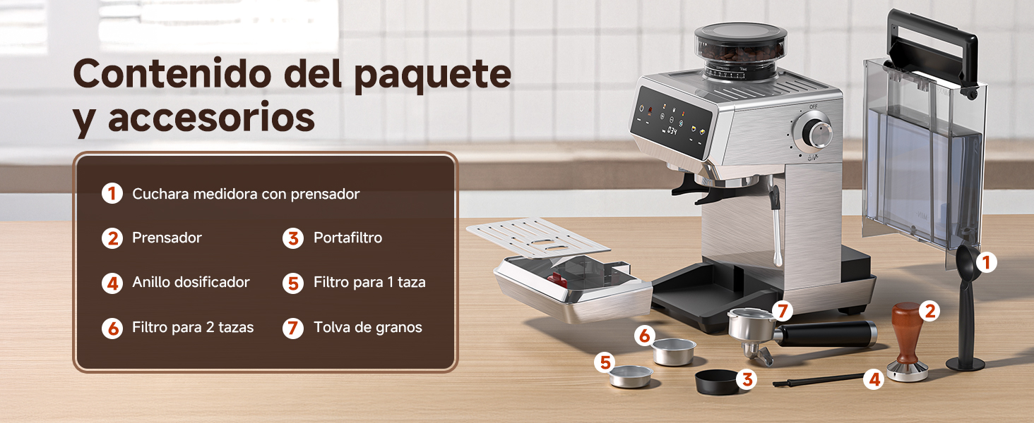 El texto dice «Contenido del paquete y accesorios». El contenido del paquete del producto muestra la máquina de café espresso con varios accesorios y componentes listados con iconos.