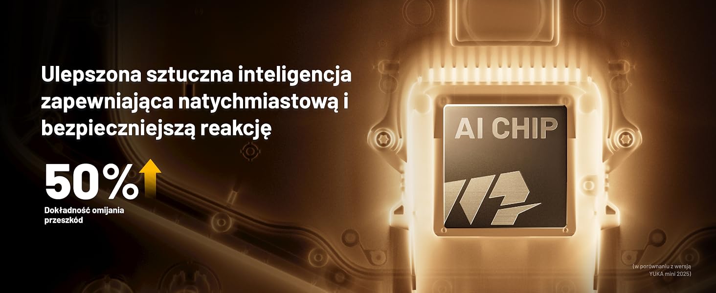 Tekst brzmi „Inteligencja sztuczna związana bezpośrednio na inny” oraz „50%” z brandingiem „AI CHIP”. Baner promocyjny do instalacji technologii chipowej sztucznej inteligencji z ciepłym oświetleniem LED.