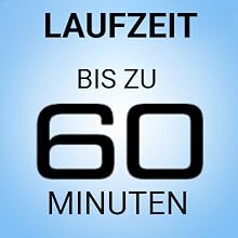 Tekst brzmi „LAUFZEIT BIS ZU 60 MINUTEN” na jasnoniebieskim tle. Niemiecki tekst wskazujący czas trwania działania.