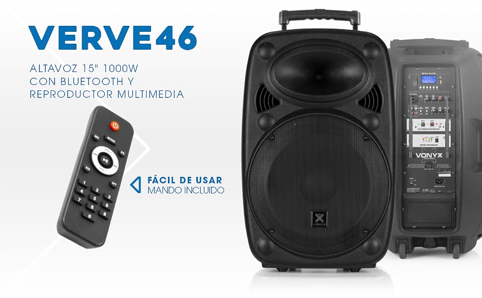 Sistema de altavoces portátil con ruedas y asa. Las características incluyen un altavoz de 15 pulgadas, una potencia de 1000 W, Bluetooth y reproducción multimedia. Mando a distancia incluido.