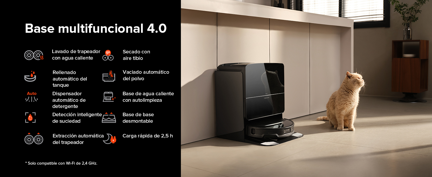 Pantalla de información de producto para Base Multifunctional 4.0 que muestra varios iconos de funciones, con un gato sentado cerca de un dispositivo negro.