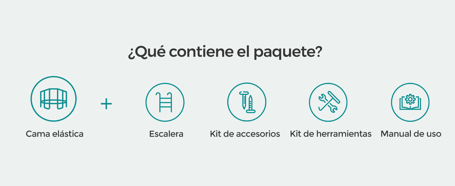 que muestra el contenido del paquete: banda elástica, escalera, kit de accesorios, kit de herramientas y manual de usuario, con texto en español que pregunta «¿Qué contiene el paquete?