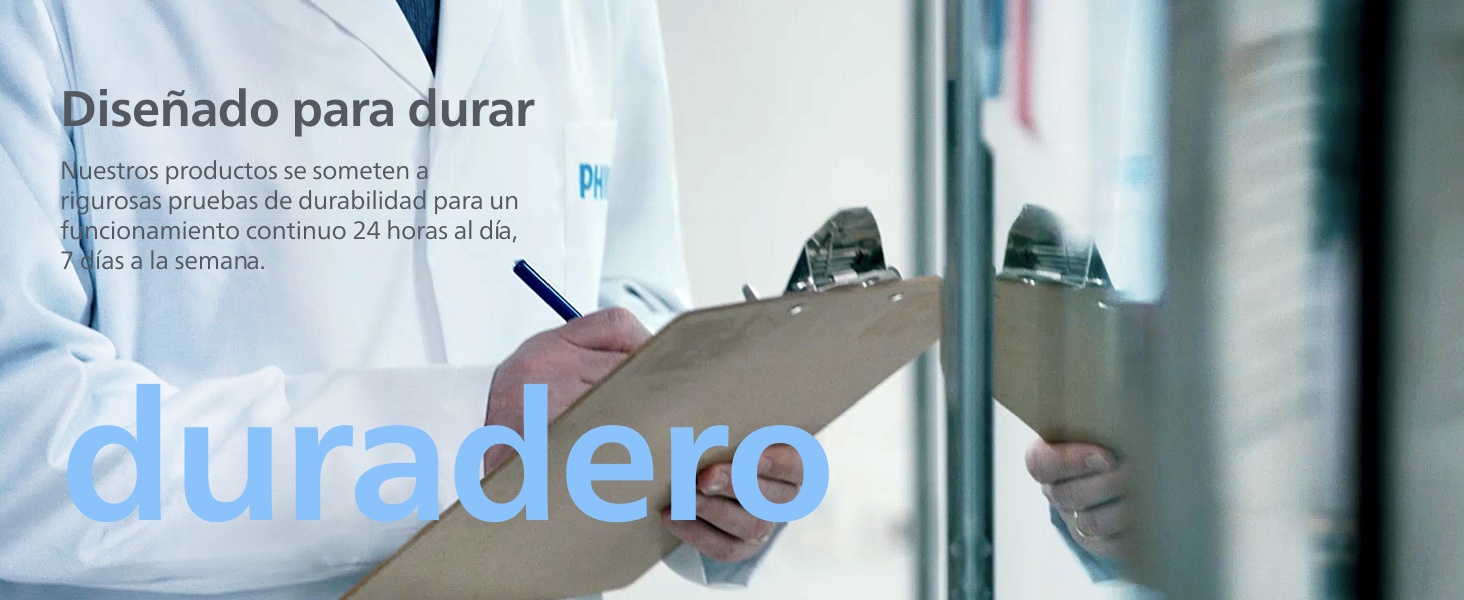 El texto dice «Diseñado para durar» («Diseñado para durar» en español). Varias vistas del producto muestran las características centradas en la durabilidad de un dispositivo negro.