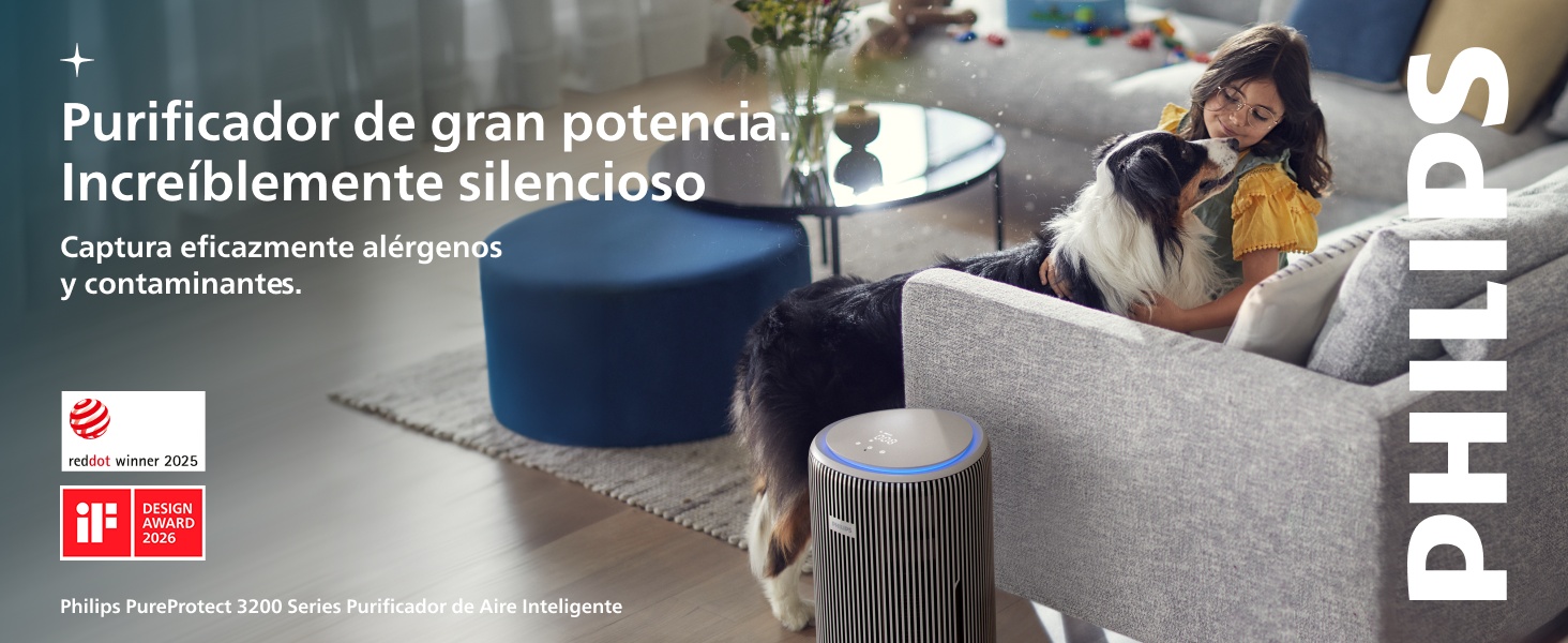 El texto dice «Purificador de gran potencia» e «Increíblemente silencioso» con el logotipo de «Philips». El dispositivo purificador de aire azul y blanco se muestra en el entorno doméstico y se muestran las tarjetas de certificación.