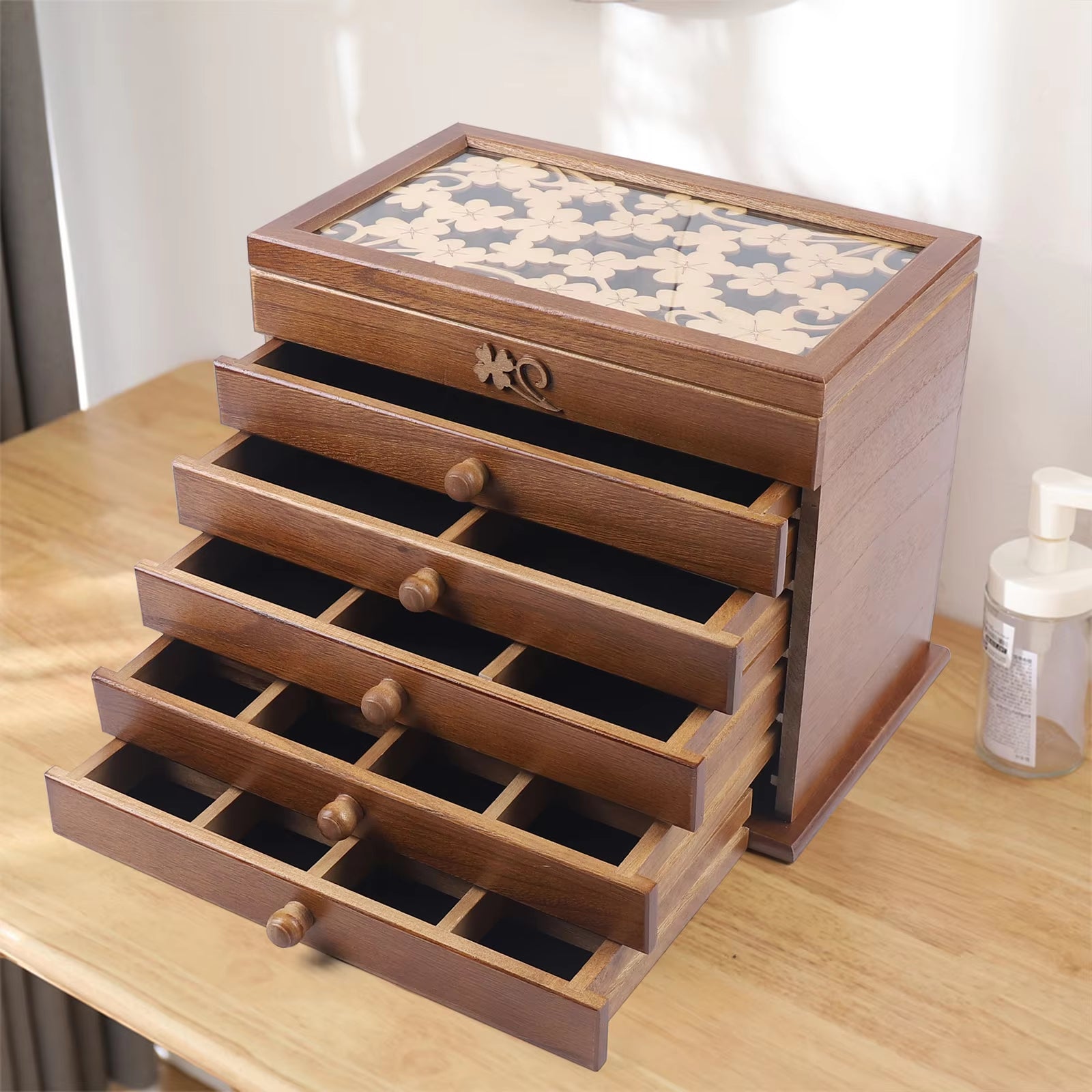 Wooden Jewelry Armoire with Carved Glass – 6-Tier Organizer with 5 Drawers