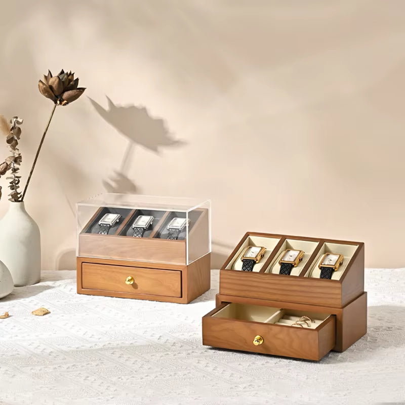 Wooden Watch Display Case – Double-Layer Watch Storage Organizer