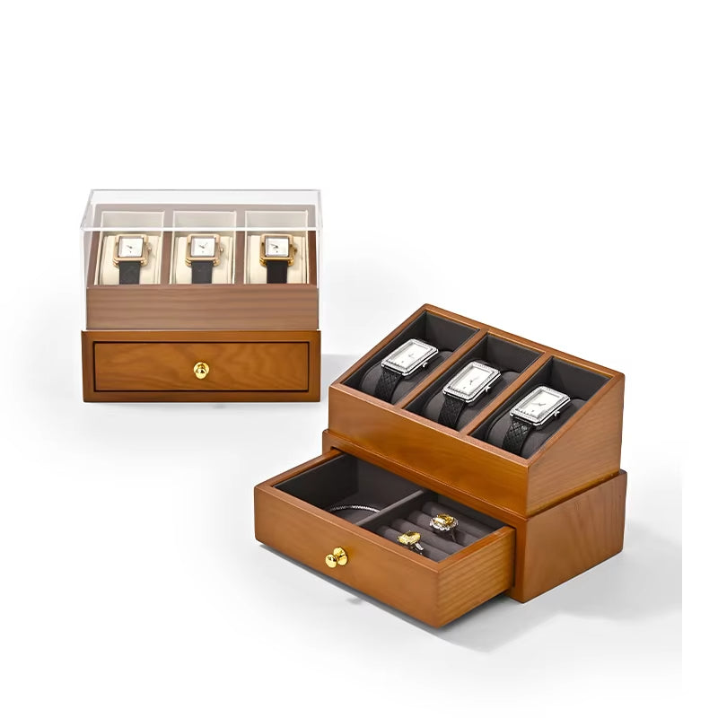 Wooden Watch Display Case – Double-Layer Watch Storage Organizer