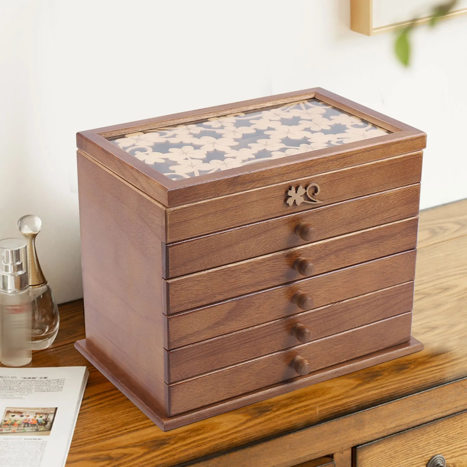Wooden Jewelry Armoire with Carved Glass – 6-Tier Organizer with 5 Drawers