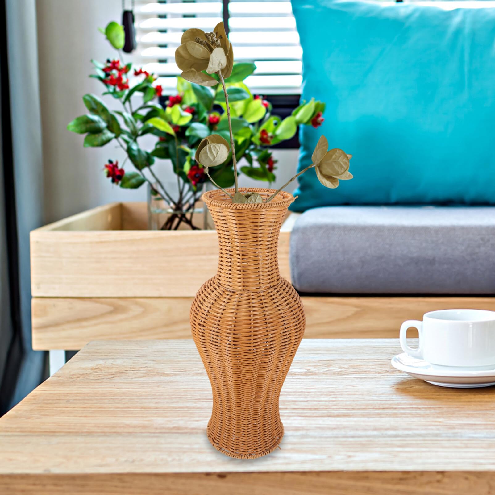 Rustic Woven Rattan Floor Vase – Natural Boho Home Decor