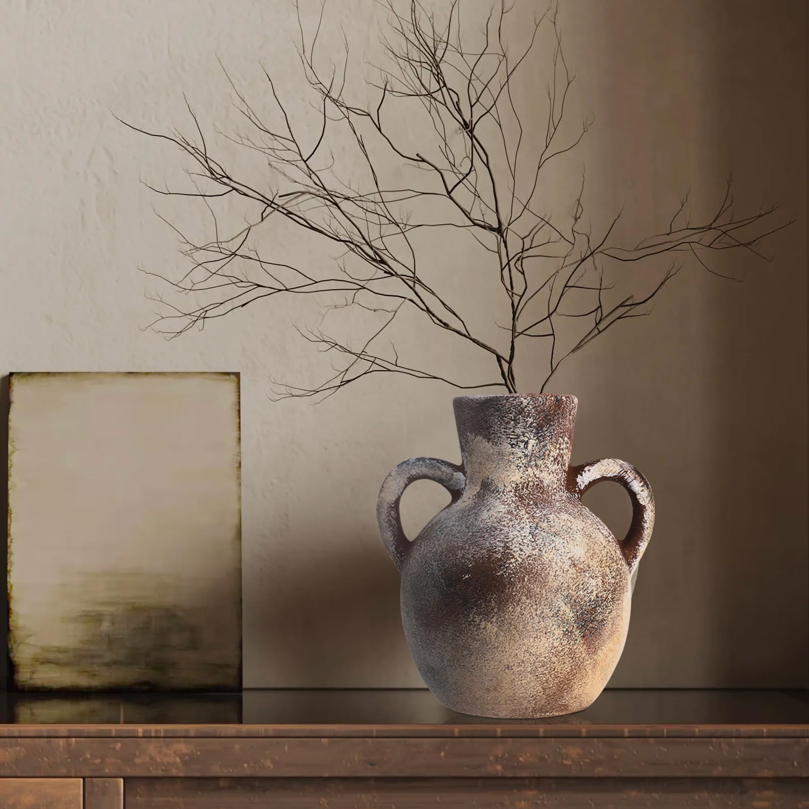 Rustic Whitewashed Terracotta Vase with Handles – Farmhouse Decor