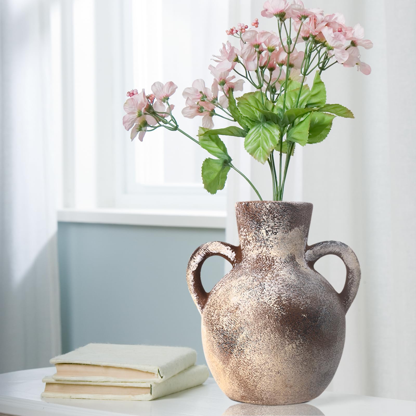 Rustic Whitewashed Terracotta Vase with Handles – Farmhouse Decor