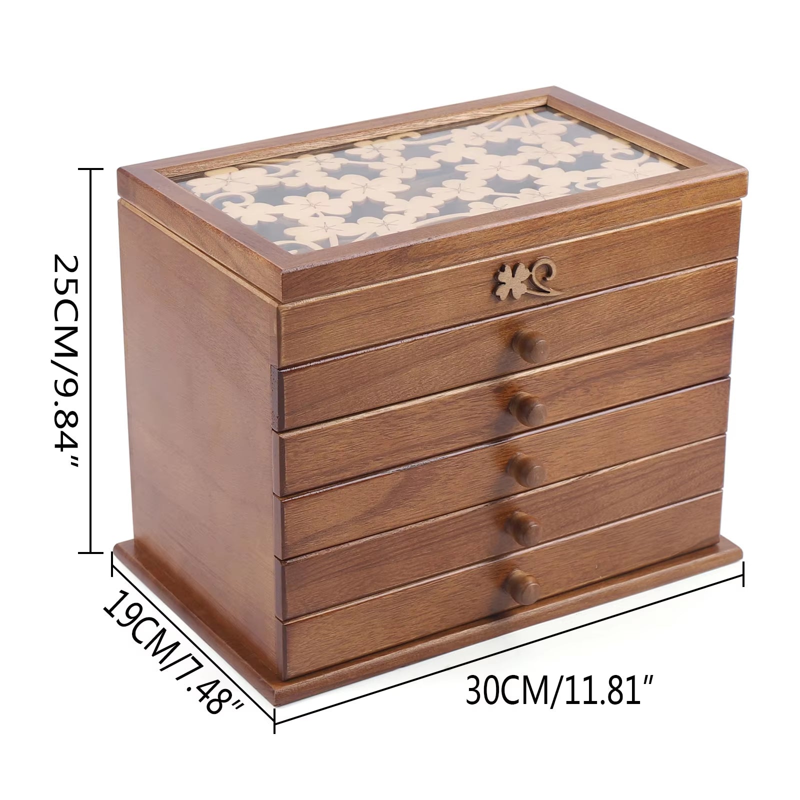 Wooden Jewelry Armoire with Carved Glass – 6-Tier Organizer with 5 Drawers