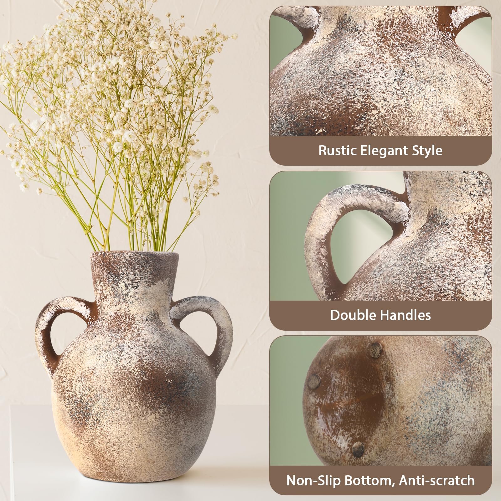 Rustic Whitewashed Terracotta Vase with Handles – Farmhouse Decor