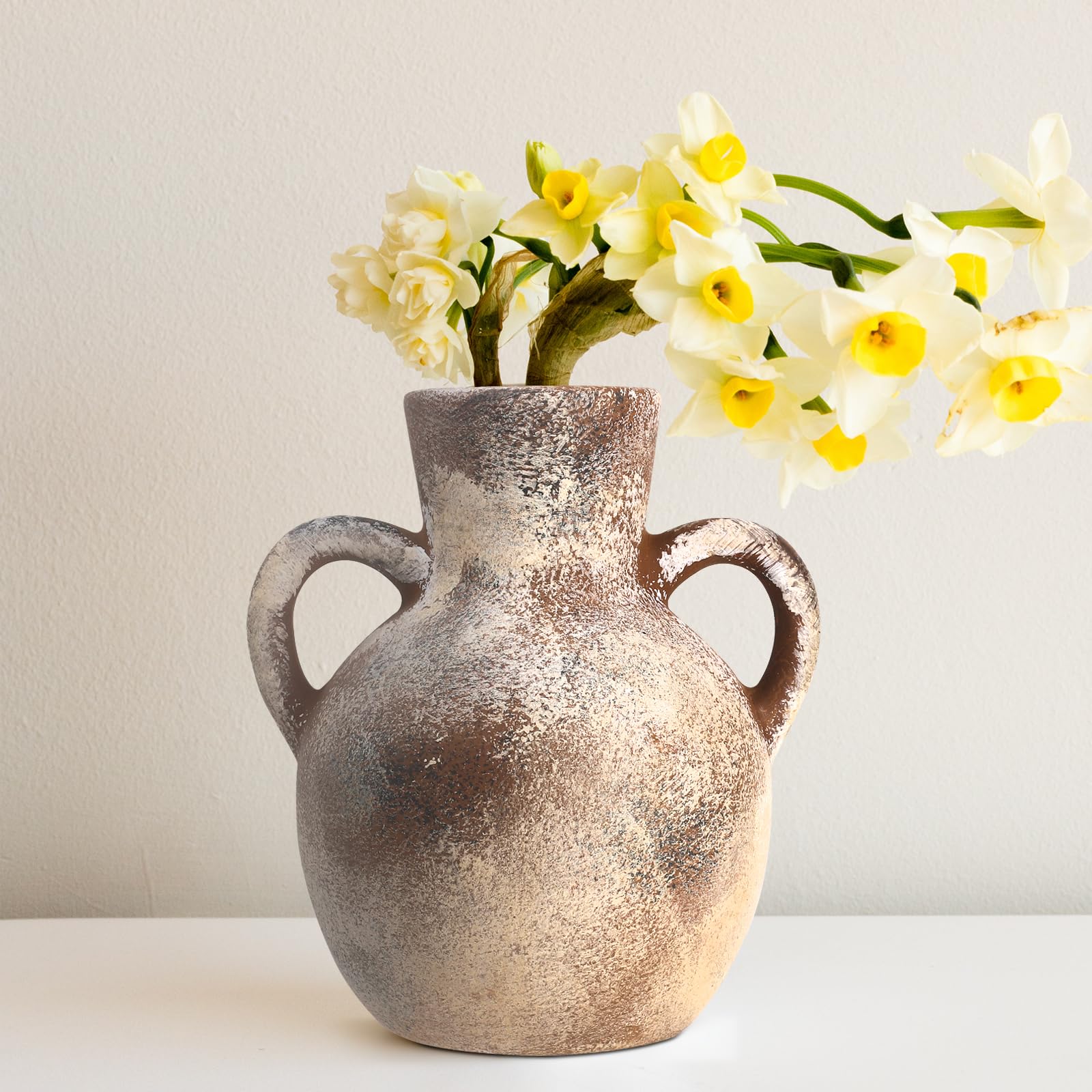 Rustic Whitewashed Terracotta Vase with Handles – Farmhouse Decor