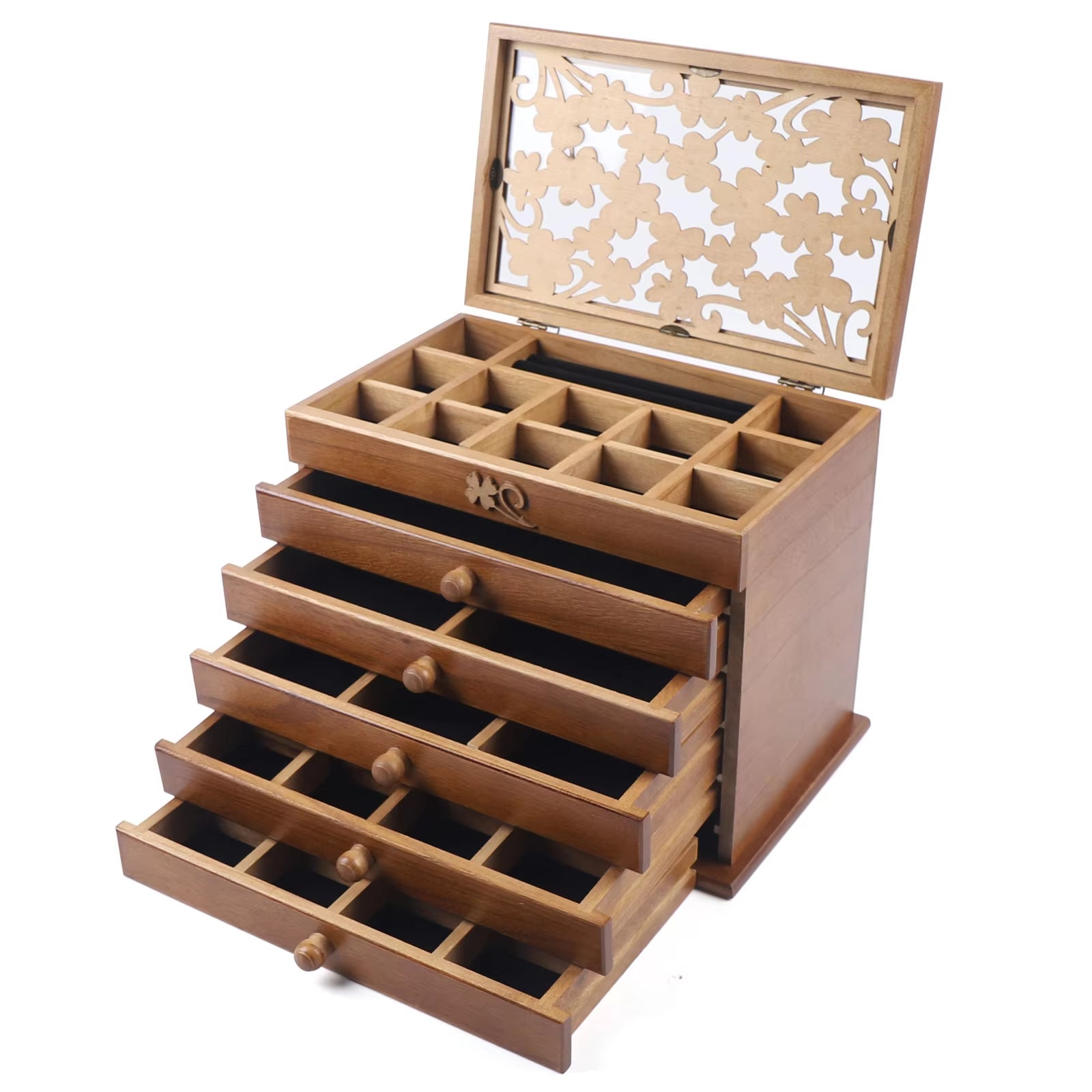 Wooden Jewelry Armoire with Carved Glass – 6-Tier Organizer with 5 Drawers