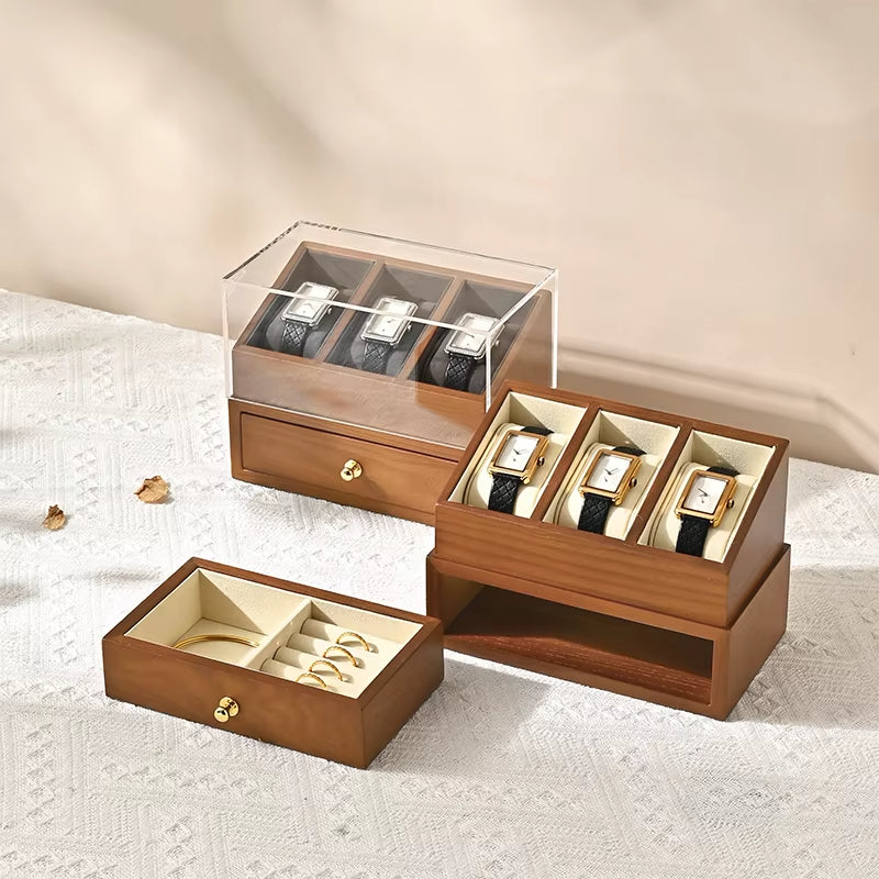 Wooden Watch Display Case – Double-Layer Watch Storage Organizer