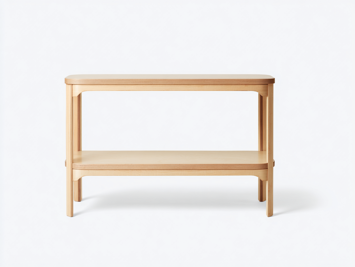 Consola de madera laminada 110×34×76 cm - madera natural - diseño redondeado con balda para sala de estar-Fazeniadecor