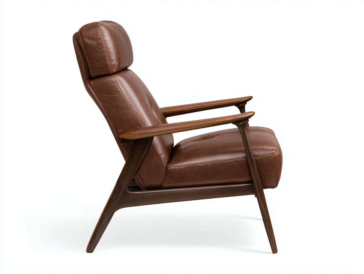 Sillón sofá de piel sintética y madera 73×89×104 cm – marrón/ nogal oscuro – respaldo inclinado de estilo mid century para sala de estar-Fazeniadecor