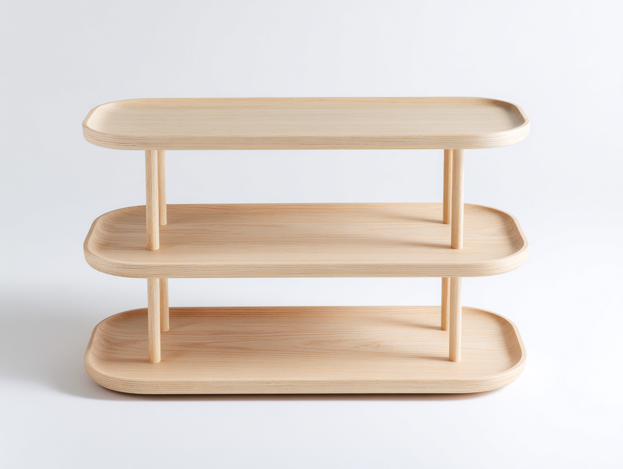 Consola de madera contrachapada 112×35×77 cm - madera natural - diseño curvo con superficies abiertas para sala de estar-Fazeniadecor