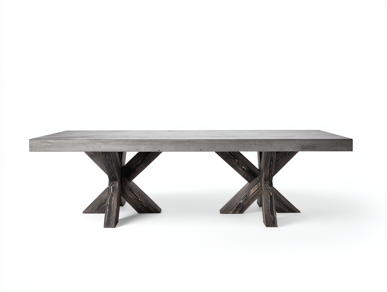 Mesa de comedor rectangular de hormigón y madera 210×95×75 cm – gris claro/marrón envejecido – estilo rústico industrial para comedor-Doluxystudio