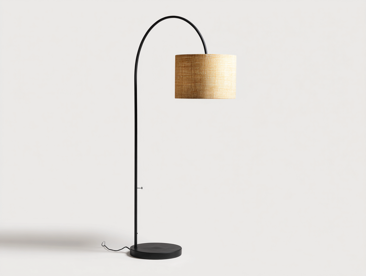 Lámpara de pie arqueada de metal 52×36×176 cm – negro/beige – pantalla cilíndrica de tejido para sala de estar-Doluxystudio