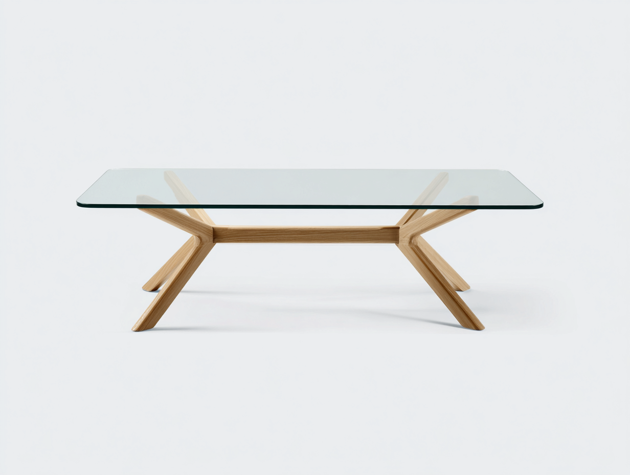 Mesa de centro de vidrio y madera 118×64×42 cm - transparente/roble claro - base geométrica para sala de estar-Doluxystudio
