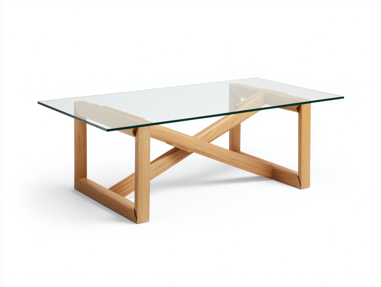Mesa de centro de vidrio y madera 120×65×45 cm - transparente/roble natural - estructura cruzada para sala de estar-Doluxystudio