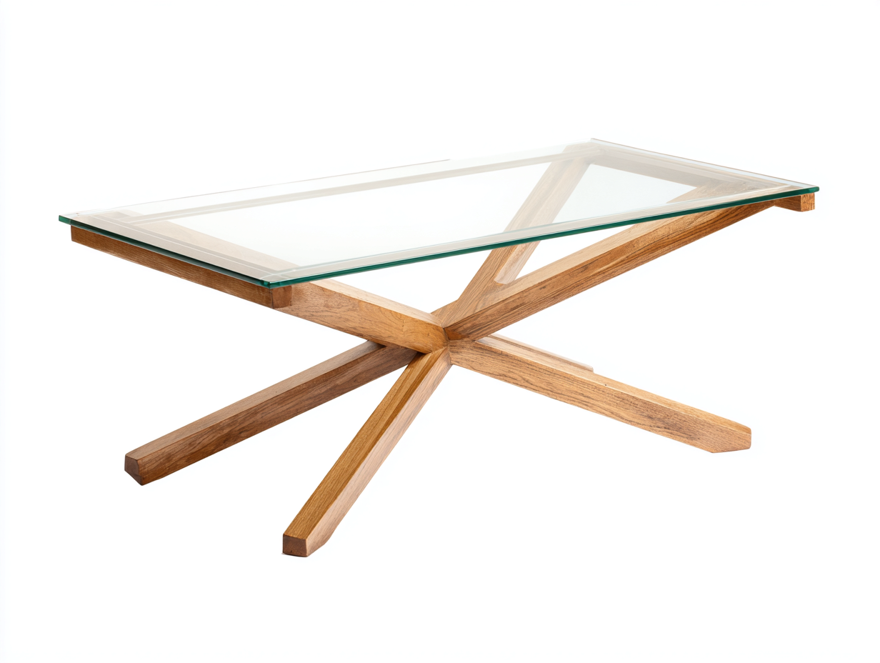 Mesa de centro de vidrio 122×72×43 cm – transparente/madera miel – base radial geométrica para sala de estar-Doluxystudio