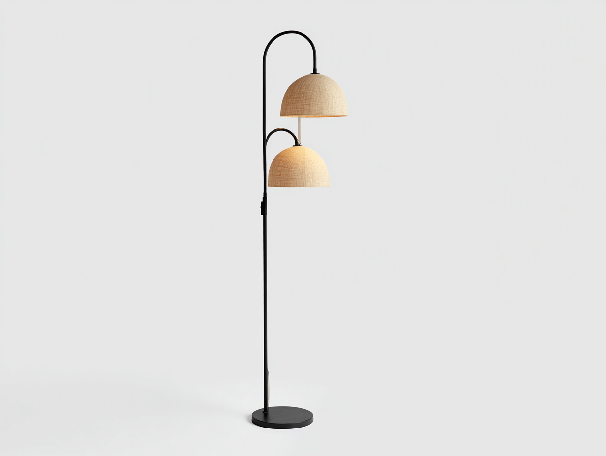 Lámpara de pie de metal con pantallas tejidas 50×38×172 cm – negro/beige natural – iluminación escalonada para sala de estar-Doluxystudio