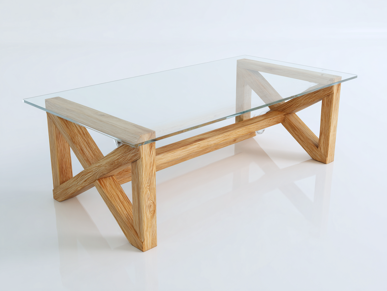 Mesa de centro rectangular de vidrio y madera 118×58×44 cm – transparente/roble natural – estructura diagonal abierta para sala de estar-Doluxystudio