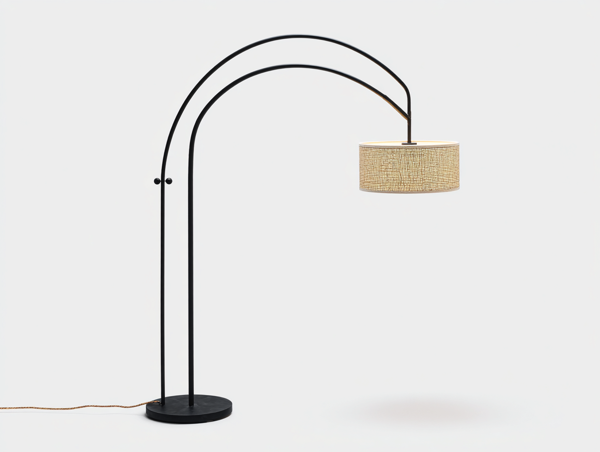 Lámpara de pie arqueada de metal 92×40×190 cm – negro/beige natural – doble arco con pantalla tejida para sala de estar-Doluxystudio