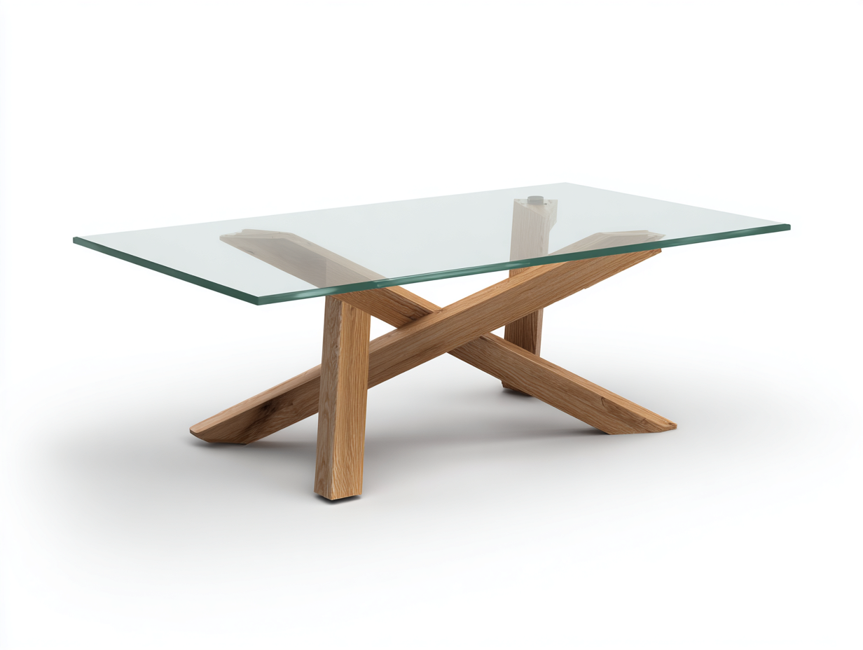 Mesa de centro rectangular de vidrio 120×70×45 cm – transparente/roble natural – base cruzada escultórica para sala de estar-Doluxystudio