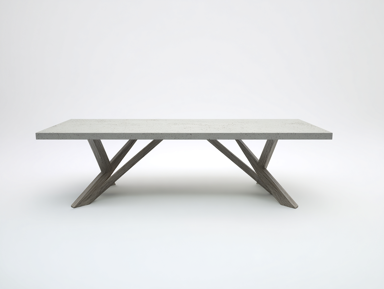 Mesa de comedor con tablero efecto cemento y madera 215×98×76 cm - gris claro/gris nogal - estructura diagonal para comedor-Doluxystudio