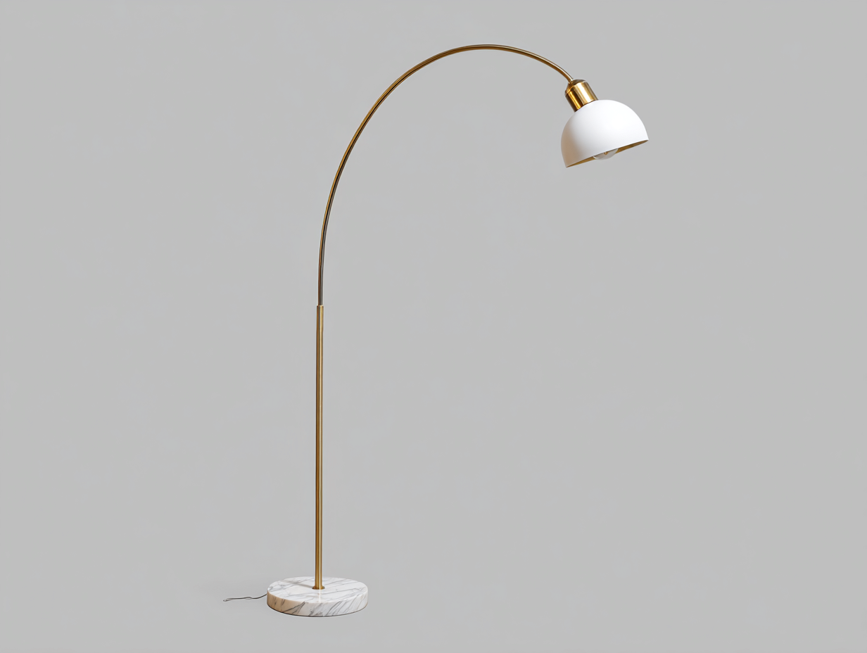 Lámpara de pie arqueada de metal y mármol 92×35×172 cm – dorado/blanco/mármol blanco – pantalla semiesférica para sala de estar-Doluxystudio