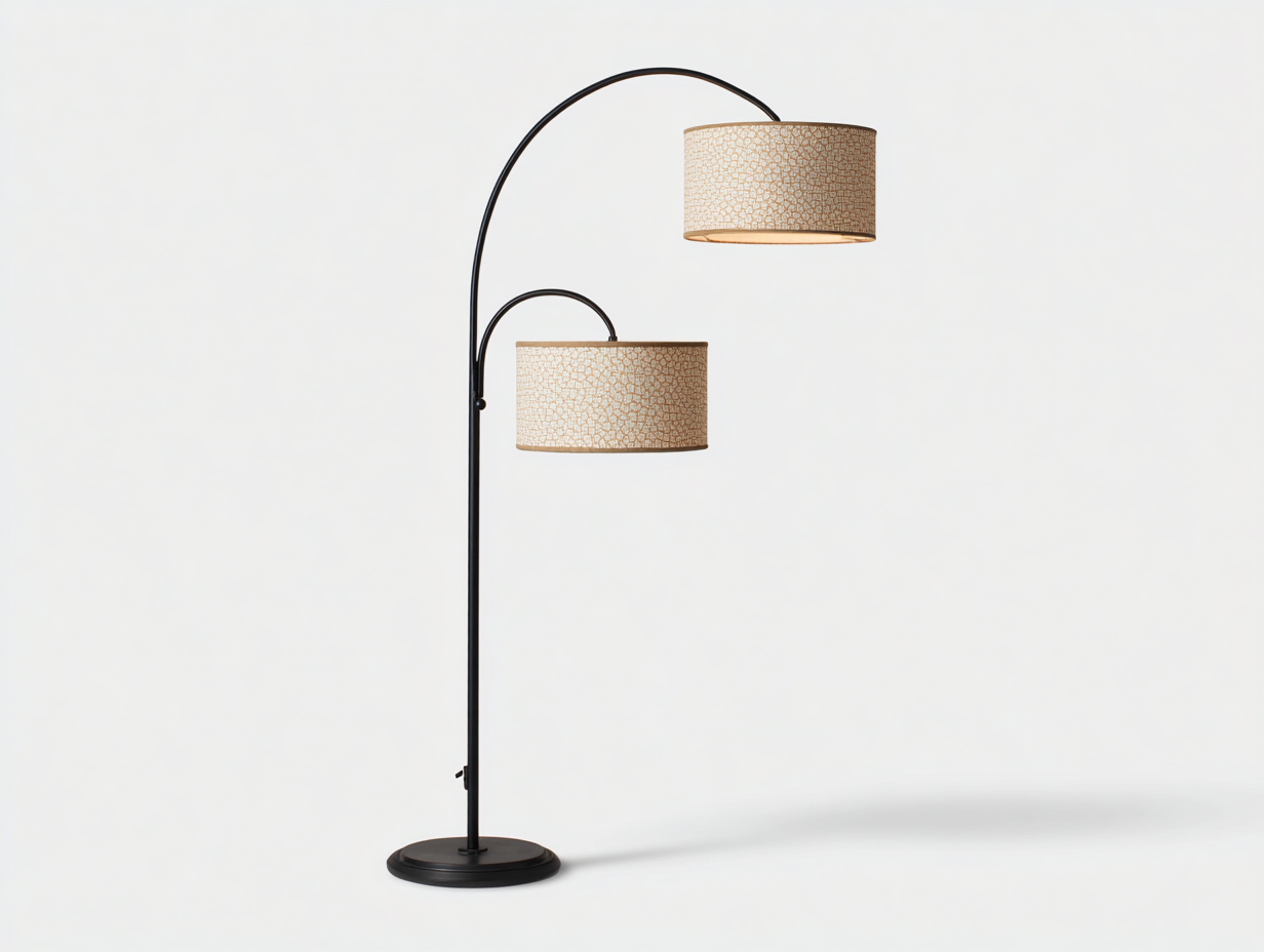 Lámpara de pie de metal con pantallas de tejido 82×40×182 cm - negro/beige claro - doble brazo curvo para sala de estar-Doluxystudio