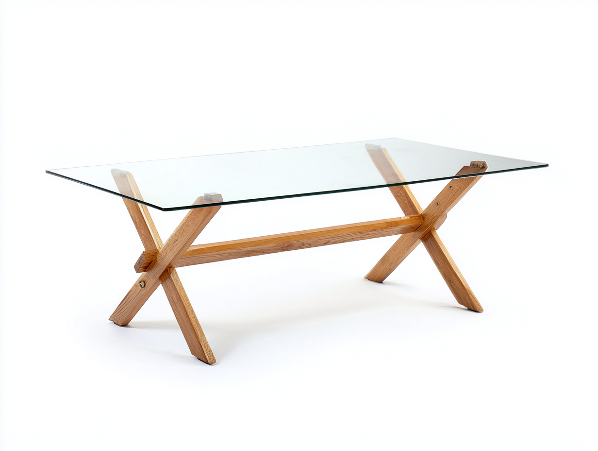 Mesa de centro rectangular de vidrio y madera 118×58×44 cm – transparente/madera natural – estructura geométrica para sala de estar-Doluxystudio