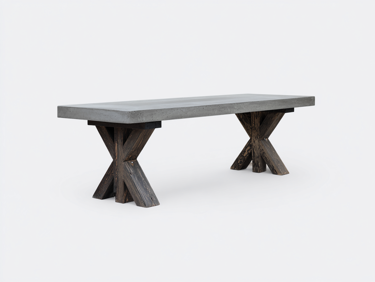 Mesa de comedor de hormigón y madera 220×100×75 cm – gris cemento/marrón oscuro – diseño industrial con base en X para comedor-Doluxystudio