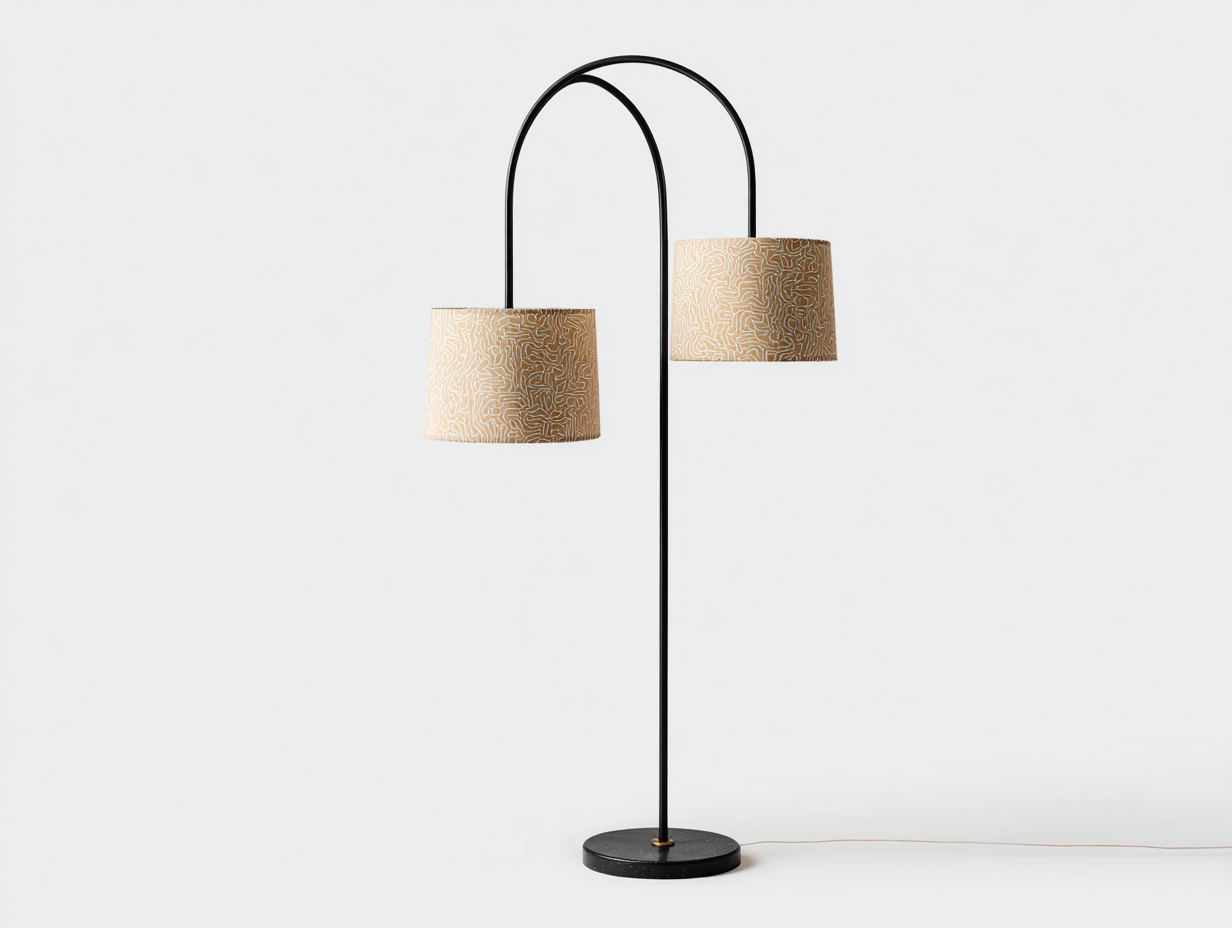Lámpara de pie de metal y tejido estampado 76×42×188 cm - negro/beige ocre - doble arco decorativo para sala de estar-Doluxystudio
