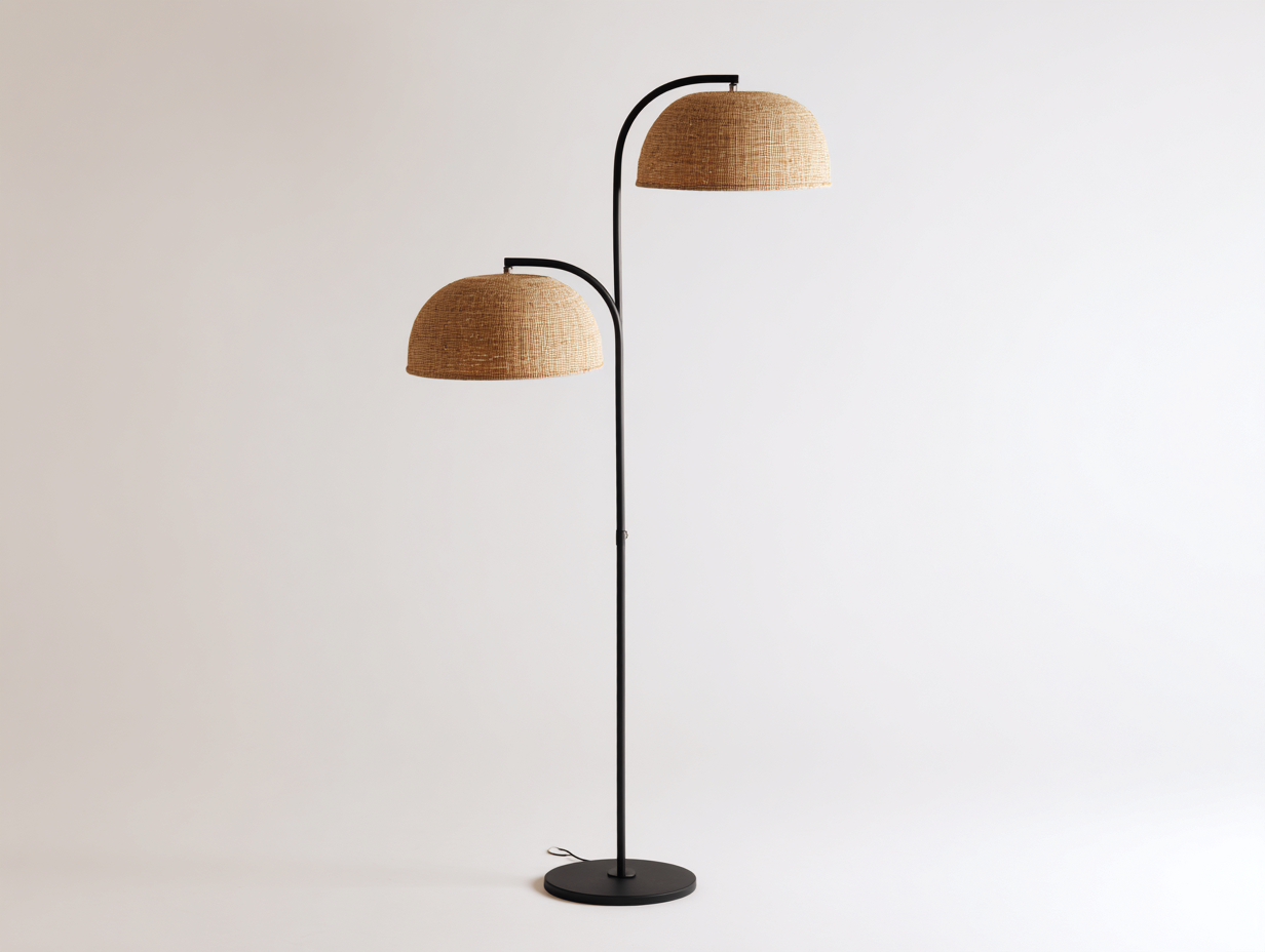 Lámpara de pie doble de metal y ratán 58×42×178 cm – negro/marrón natural – brazos curvos para sala de estar-Doluxystudio