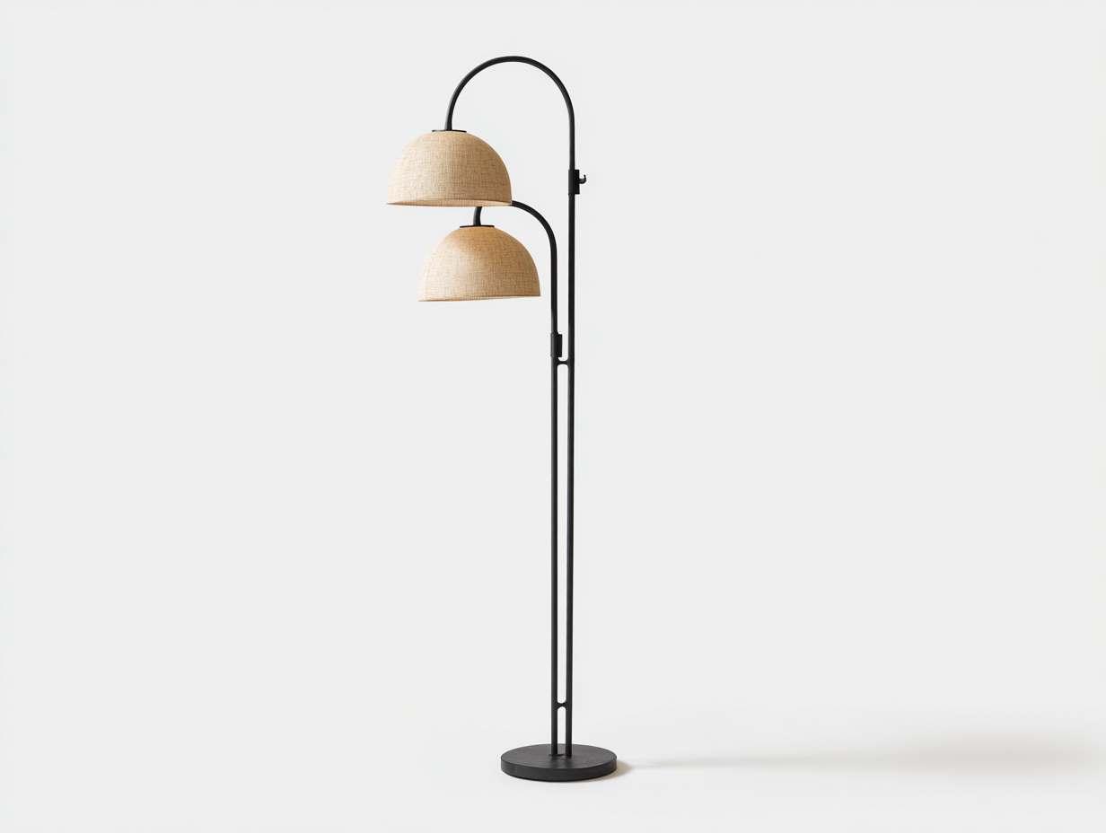 Lámpara de pie de metal y fibra tejida 70×36×180 cm - negro/beige natural - doble pantalla curva para sala de estar-Doluxystudio