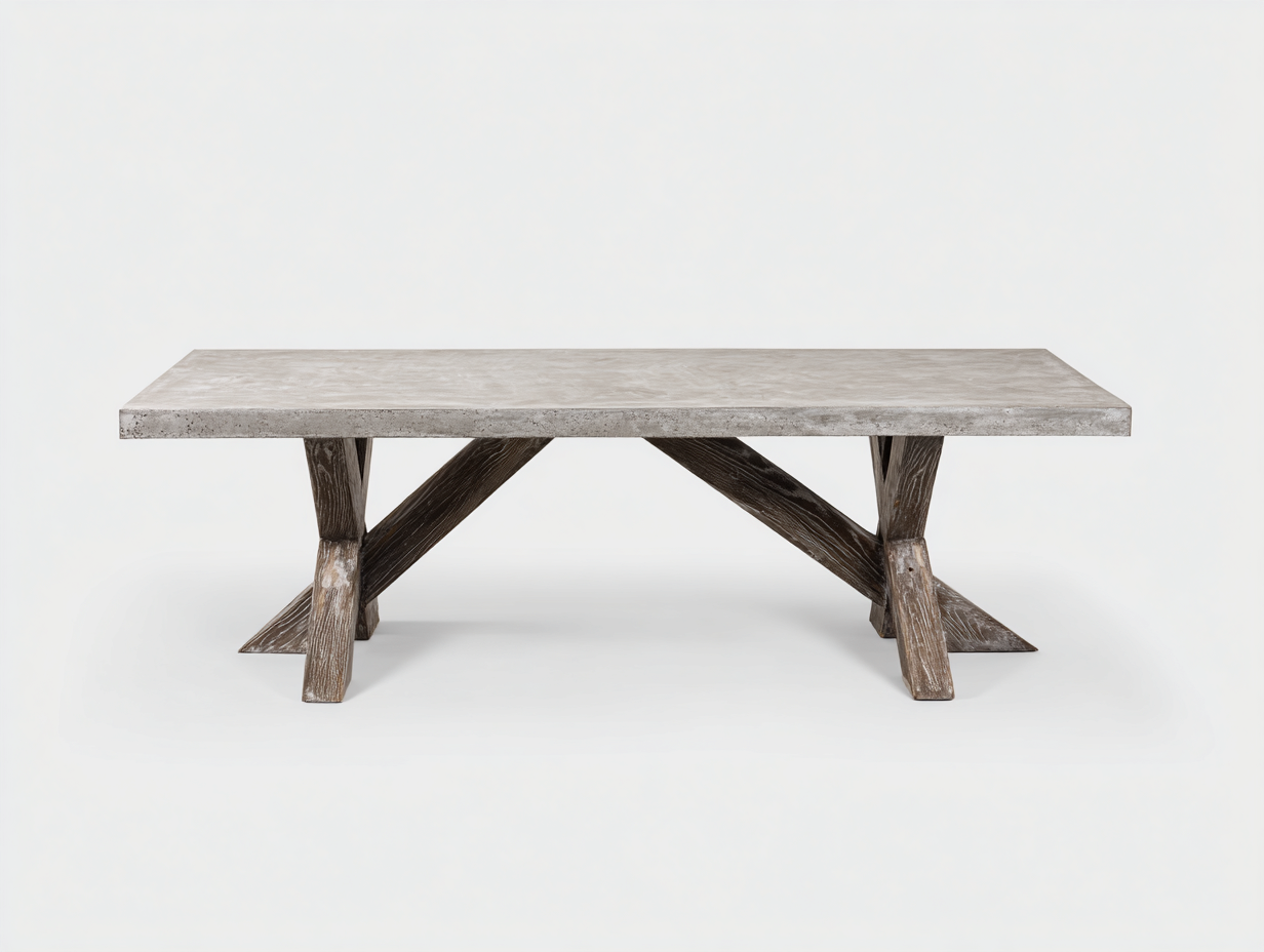Mesa de comedor de hormigón y madera 220×100×75 cm – gris cemento/marrón oscuro – estructura cruzada de estilo rústico para comedor-Doluxystudio