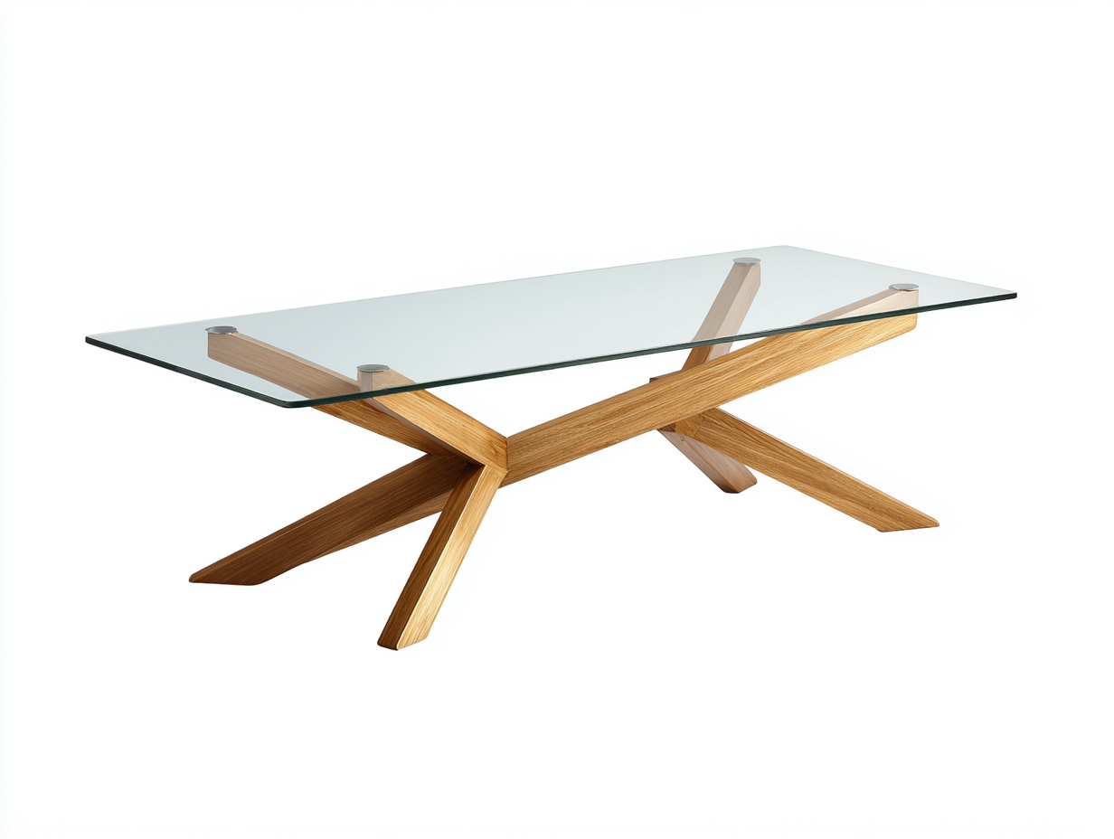 Mesa de centro rectangular de cristal 125×70×44 cm – transparente/roble claro – estructura cruzada abierta para sala de estar-Doluxystudio