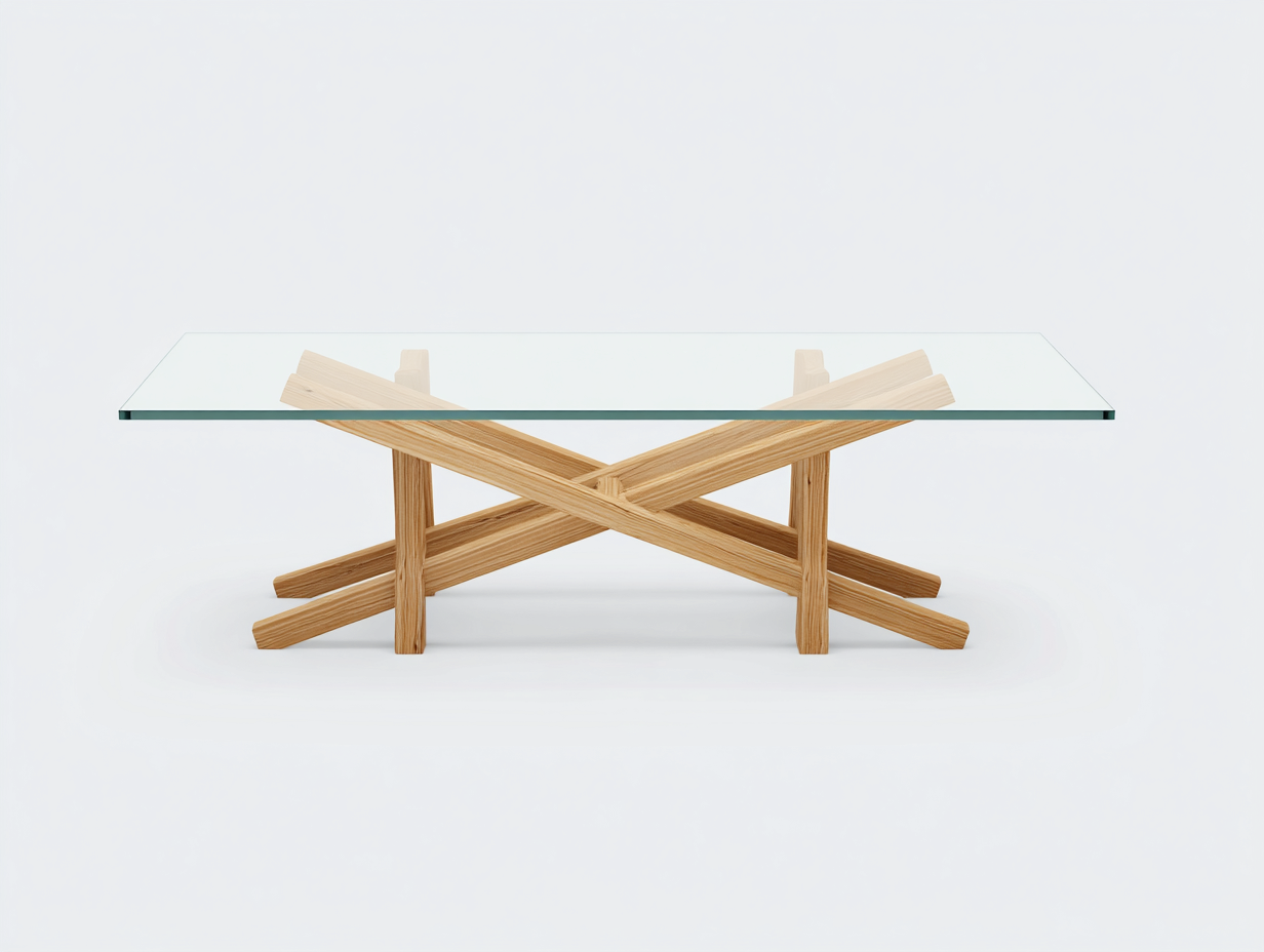 Mesa de centro de vidrio y madera 120×60×45 cm – transparente/madera natural – base geométrica cruzada para sala de estar-Doluxystudio